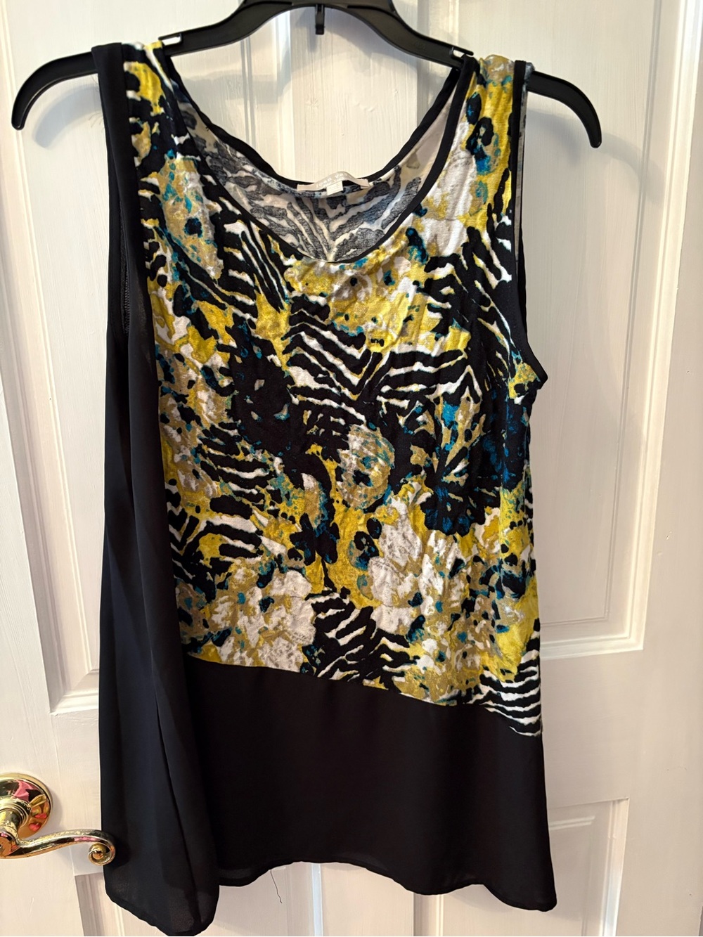 Joan Vass Black, Yellow and Teal Mixed-Print Sleeveless Tank